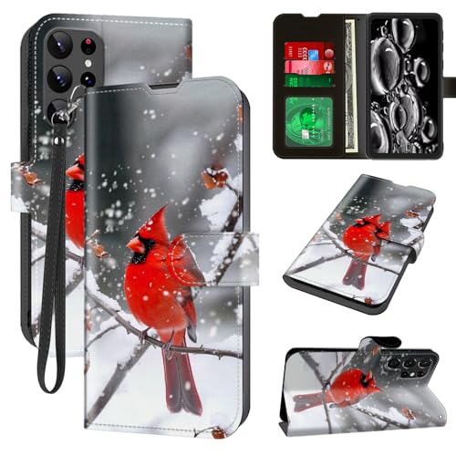 ACWDMKH for Samsung Galaxy S25 Ultra Case with Card Holder & Kickstand & Wrist Strap Wallet Flip Folio Leather Magnetic Protective Shockproof Phone Case for Samsung S25 Ultra,Main Cardinals Snow - image 1