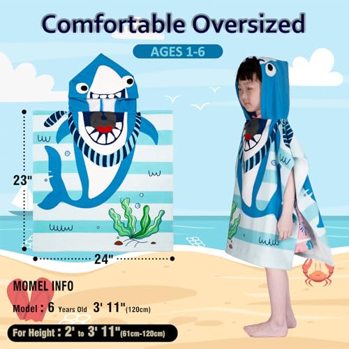 Image of growell Hooded Kids Beach Towels - Toddler Bath Towel Girls Boys Swim Cover-ups for Ages 1 to 6 Kids Pool Towels Quick Dry Lightweight Soft Microfiber Poncho Towel 24x23(Shark SkyBlue)