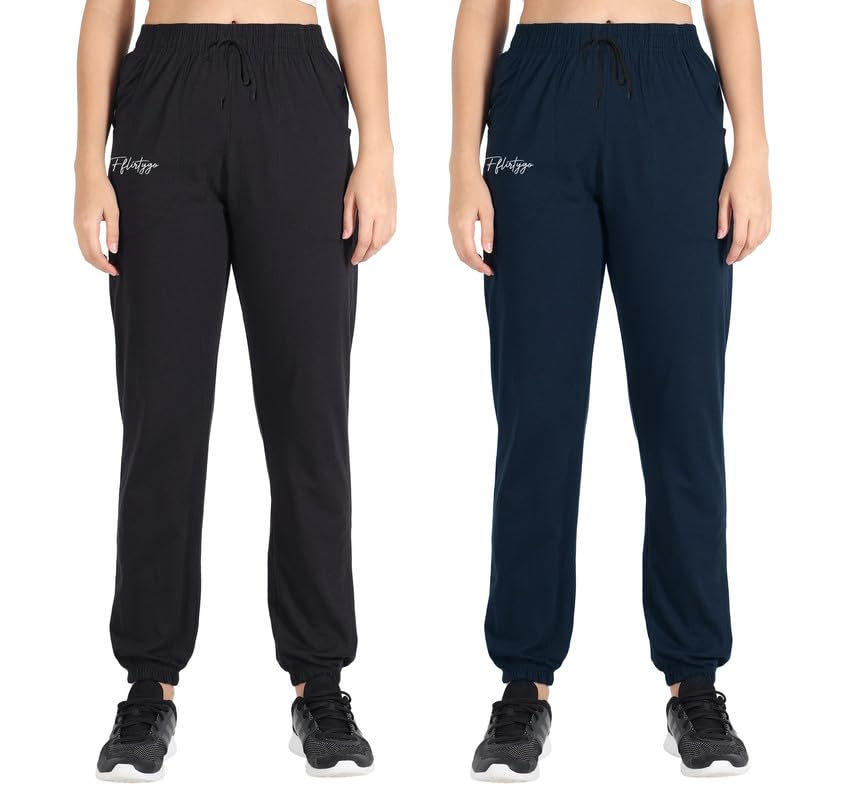 Image of Fflirtygo Cotton Solid Joggers /Track Pant /Solid Pajama /Leggings �100% Export Quality Soft Cotton Night Wear /Pocket Pyjama for Women Combo Pack of 2Pcs, Blue and Grey