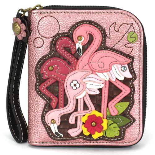 Image of CHALA Zip Around Wallet, Wristlet, 8 Credit Card Slots, Sturdy Pu Leather - Flamingo Group - glitter pink