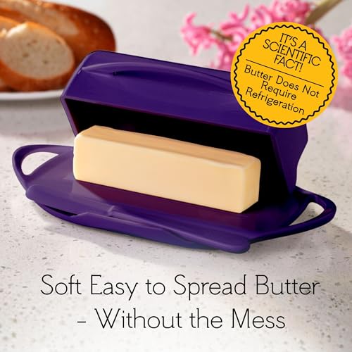 Image of Butterie Flip Top Butter Dish, Purple | Attached Lid & Matching Knife, Holds 2 Sticks, Fits Kerrygold /European Butter, BPA Free & Dishwasher Safe