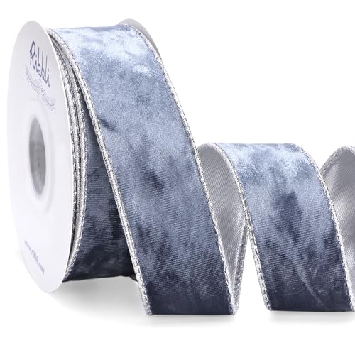Image of Ribbli Dusty Blue Velvet Wired Ribbon 1.5 Inch Metallic Dusty Blue Crushed Velvet Christmas Ribbon for Gift Wrapping Christmas Tree Decoration Crafts Wreaths Supplies-Continuous 10 Yards