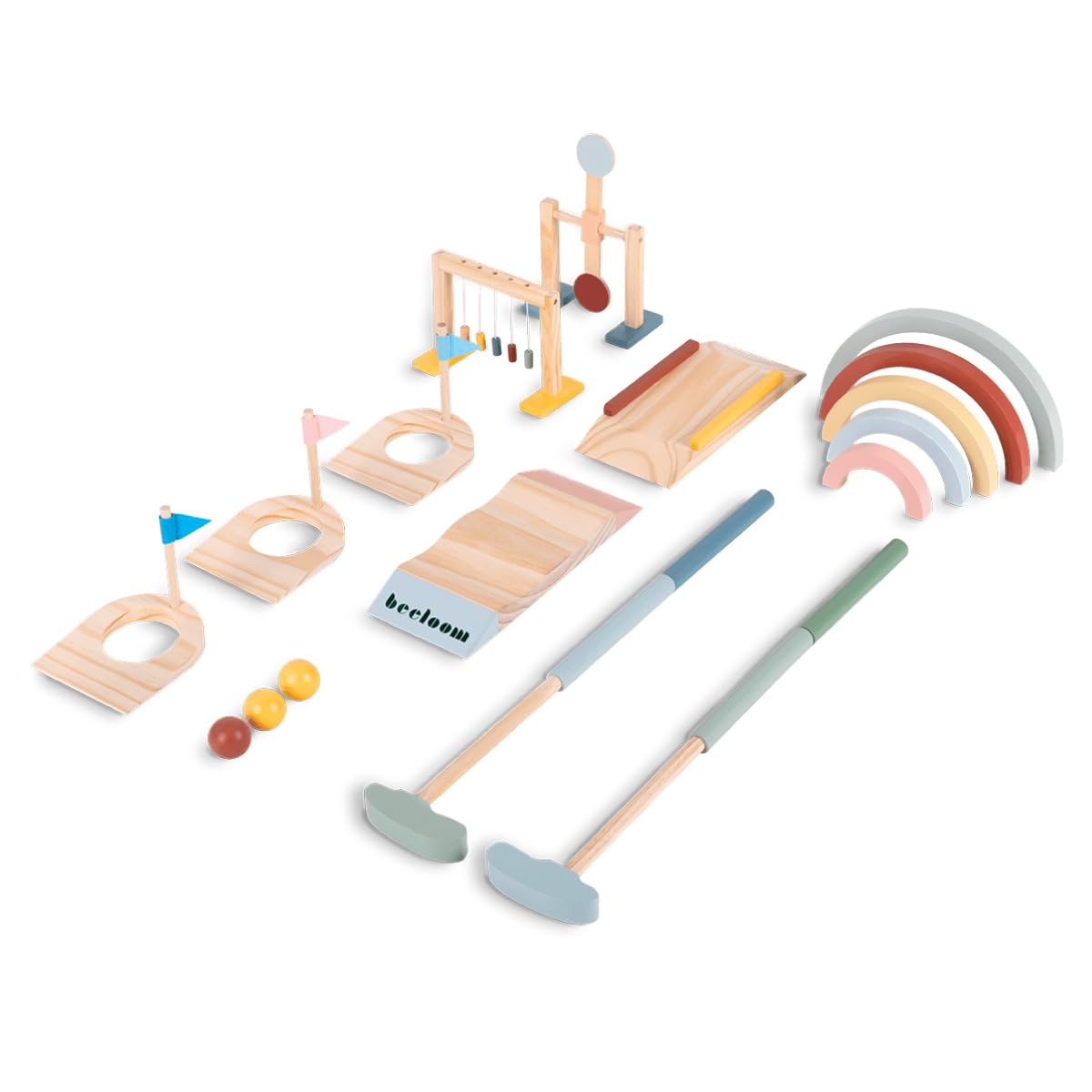 Beeloom – Mini Golf de Madera para Niños, Juego Educativo con Palos, Bolas y Obstáculos, Portátil para Interior y Exterior, Juguete Simbólico Multicolor, +3 Años
