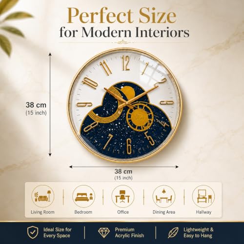 Image of ARMONIA Premium Designer Wall Clock for Living Room 15 Inch | Silent Quartz Acrylic Wall Clock | Luxury Gold & Blue Decorative Round Wall Clock for Modern Home & Office Decor, Bedroom & Decor