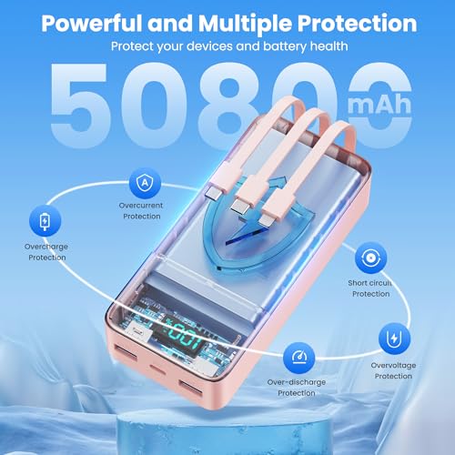 Image of Portable Charger 50800mAh Power Bank with 3 Built in Cables,25W PD QC4.0 Fast Charging USB C Battery Pack,6 Outputs 2 Inputs Travel Essentials Phone Charger for iPhone 17 /16 /15,Google,Android,Pink