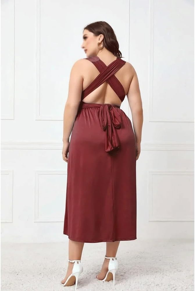 JSEIAJB V-Neck High Waisted Long Dresses with Irregular Cross Tie Up Backless Party Knit Dress