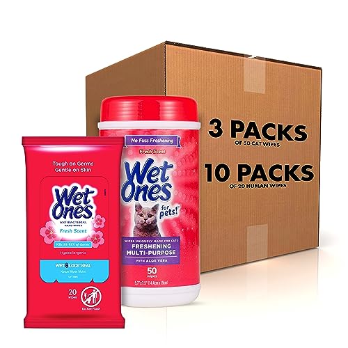 Image of Wet Ones Mixed 13 Piece Bundle of Human & Cat Wet Wipes, Fresh Scent | 10 Packs Antibacterial Hand and Face Wipes, 20ct Plus 3 Packs for Pets Multipurpose Cat Wipes, 50ct