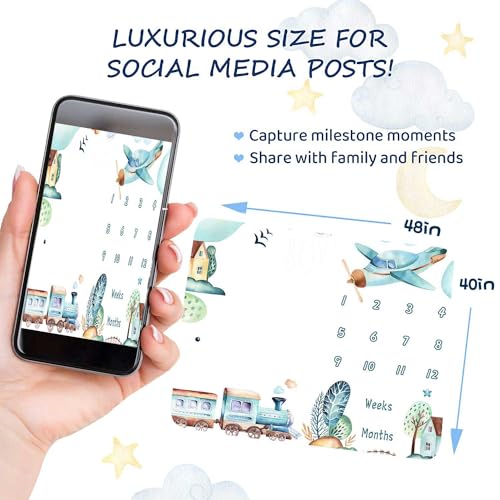 Image of Airplane and Train Monthly Milestone Blanket | 48x48in cotton Monthly Milestone Blanket, train airplane town design with butterfly frames for growth recording