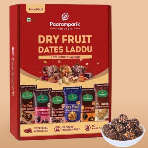 Image of Dry Fruits Laddu Assorted - 24 Laddu| 6 Flavour Dry Fruit, Chocolate, Cranberry, Orange Dates Laddu, Till laddu, Coffee Laddu| Date Sweetened, no palm oil (Dry Fruit Laddu Gift Box)