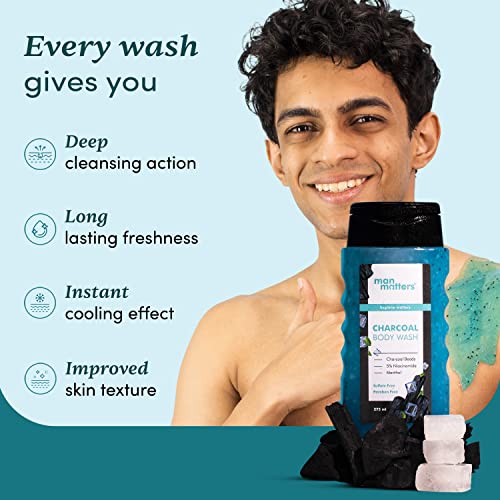 Image of Man Matters 3 in 1 Action Charcoal & Menthol Body Wash | With Menthol, 5% Niacinamide & Activated Charcoal Beads | For Instant Cooling, Odor Protection & Improves Skin texture | 250ml