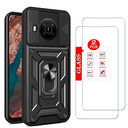 Anvzle for Nokia X100 5G Case with [2 Pack] Tempered Glass Screen Protector, for Nokia X100 [Military-Grade] Protective Armor，with Lens Protects Magnetic Kickstand Car Mount Holder Phone Case Black