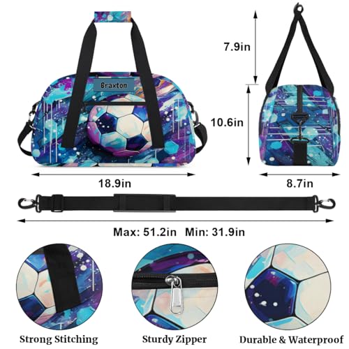 Personalized Boys Sports Soccer Duffel Bag, Custom Sport Gym Bag Large Compartment Cheerleaders Dance Bag Weekender Bags Travel Training Bag for men, Soccer Blue Purple Painted2