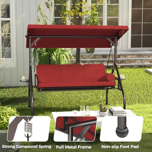 Image of SUNCROWN Outdoor 3 in 1 Porch Swing Chair, 3 Seat Patio Swing Glider with Adjustable Canopy, Heavy Duty Swings with Thickened Cushions, Pillows & Cup Holders for Backyard, Porch, Garden,Red
