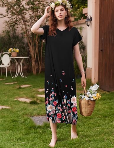 Image of Ekouaer Long Nightgown Women's Loungewear Short Sleeve Sleepwear Full Length Sleep Shirt with Pockets