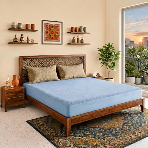 Image of Lithara Terry Cotton Fitted Mattress Protector for Single Bed | Waterproof & Elastic Band | Ultra Soft & Hypoallergenic Mattress Cover | Size : 36 x 80 Inches (3 x 6.67 Feet) | (Sky Blue)