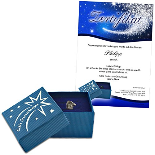 Echte Sternschnuppe in Geschenkbox mit Widmung zum Geburtstag - Meteorit mit Echtheitszertifikat und Taufzertifikat, 21 x 3.5 x 15 cm