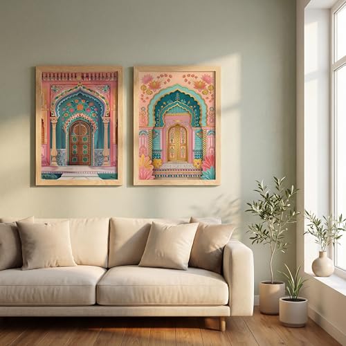 Image of Suneree Rajasthani Haveli Door Wall Art Painting | Set of 2 Framed Paintings | Colorful Indian Architecture Decor for Living Room Bedroom Home | (ART 2, 10x13 INCHES)