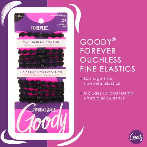 GOODY Ouchless Forever Hair Elastics - 10 Ct, Black - For Women & Men, Fine Hair