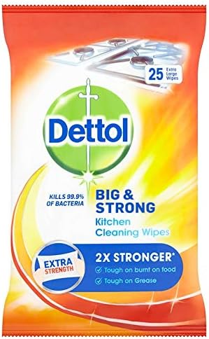 Dettol Big Strong Kitchen Wipes 25Pk - Kills 99.9% Bacteria, 2X More Effective On Burnt Food Grease, Extra Large Efficient Cleaning, Ideal Travel First Aid Kits Holiday Use