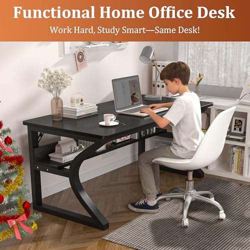 Image of 47 inch Computer Desk, Home Office Desk with Storage Shelf, Sturdy U-Shaped Metal Frame Study Table with Cable Management, Gaming Desk for Office & Bedroom (Carbon Fiber Black, 47inch)