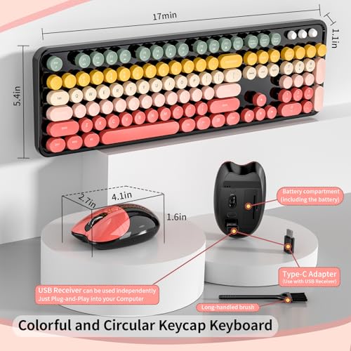 Image of Wireless Keyboard and Mouse, MOFII 104 Round Keycaps Retro Typewriter with OTG & Brush, Full-Size Ergonomic, Ideal for Windows PC, Home, Office and College Rainbow Red