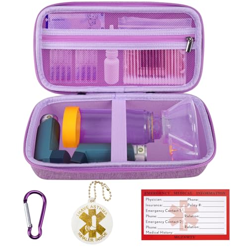 Image of MGZNMTY Travel Carrying Case Compatible with Asthma Inhaler Spacer for Adults and Children, Masks, Inhaler Holder with Asthma Alert Tag and Medical Card, Carabiner (Only Case) (Purple)