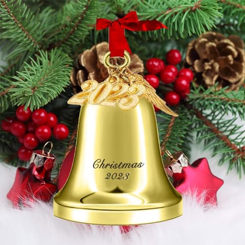 Campana de Navidad dorada de metal, decoración anual para árbol de Navidad 2