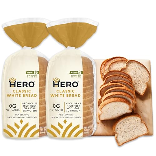 Hero Bread Classic White Bread — 0g Net Carb, 0g Sugar, 45 Calories, 11g Fiber per Slice —2 15.9oz Loaves | 15 slices per loaf