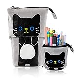 iSuperb Transformer Stand Store Pencil Holder Canvas+PU Cartoon Cute Cat Telescopic Pencil Pouch Bag Stationery Pen Case Box with Zipper Closure 7.5 x 4.9 x 3.0inch/4.1x 3.0inch