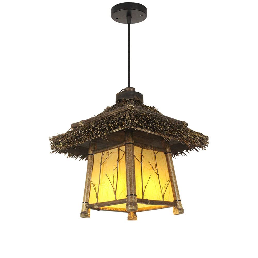 LYMSXAZOU Square Lantern Bamboo Pendant Light Creative Hand-Woven Chandelier Simple Home Decoration Hanging Lamp E27 Base Fixture Southeast Asian Vintage Style Ceiling Star of