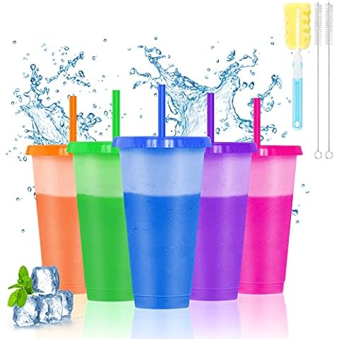 WENYA Cold Drink Colour Changing Cup for Kids, 5 Pack Plastic Tumbler Cups with Lids and Straws for Cold Drinks, Slushies and Summer Party Cover