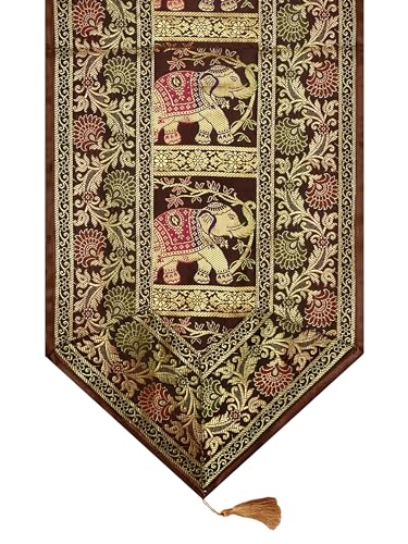 Image of Banarasi Brocade Zari Silk Table Runner Dinning & Centre Table Runner 177 By 30 CM (Brown, Elephant)