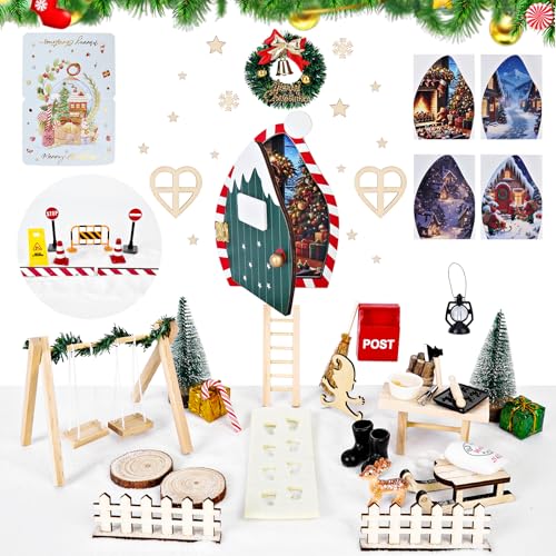Corpower Puerta Elfo Navidad Accesorios, Elfo Puerta Accesorios Navidad, De Puerta Elfo Navidad, Decoraciones en Miniatura de Casa de Elfo para Madera, Buzón, Botas, Valla, Corona, Escalera