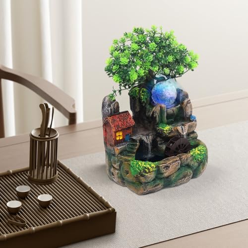 Zimmerbrunnen LED Indoor mit Farbwechsel Springbrunnen, Tischbrunnen mit Nebeleffekt & Beleuchteten Kugeln für Homeoffice und Wohnzimmer