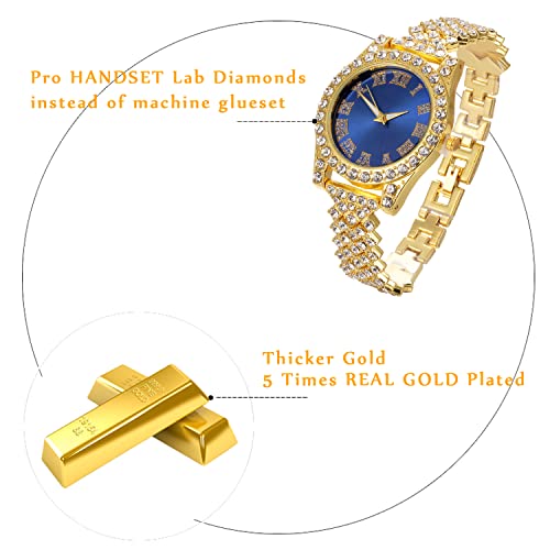 Image of Halukakah Diamonds Gold Watch Iced Out, Kid's 18K Real Gold /Platinum White Gold Plated 36MM Width Green /Blue /Red Dial Quartz Wristband 8 inch with Cuban Link Chain 7 inch+16 inch Bracelet, Free Giftbox