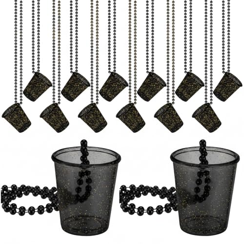 Misdary 12 Pcs Shot Glass Necklaces Black Clear Shot Cups on Beaded Necklace Disposable Plastic Cups for Birthday Wedding Festival Party Bride Supplies