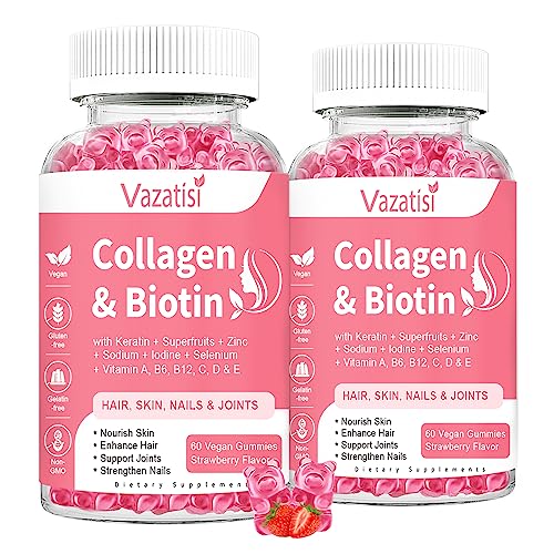 2 Pack Collagen Gummies with Biotin & Keratin for Hair Skin Nails & Joints, Anti Aging - Women & Men Kids, Adults - 60 Vegan Strawberry Flavored Gummies Supplement