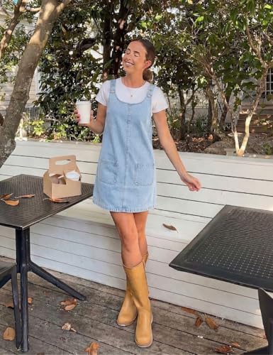 Image of Xaspee Denim Overall Dress for Women Casual Mini Sleeveless Jean Vintage Jumper Skirt Dress with Pockets