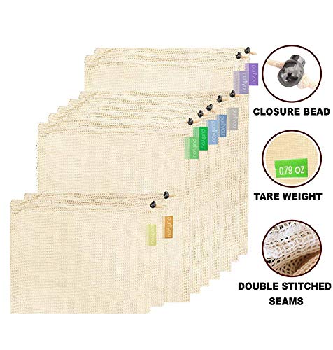 purifyou Premium Reutilizable Mesh/Produce Bags, Set de 9 | Algodón Crudo, orgánico, sin blanquear | Doble Costura, con Peso Tara en Las Etiquetas | Grande, Mediano y pequeño