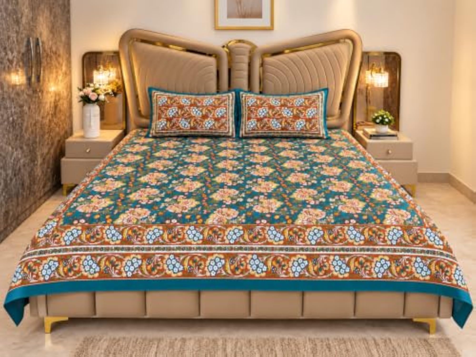 Teal Floral Printed Double Bedsheet with 2 Pillow Covers