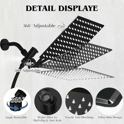 Image of 12 Inch Shower Head, Rain Shower Head with Adustable Extension Arm, Detachable Matte Black Rina Shower Head with Handheld Spray, High Pressure Shower Hose with Holder in Bathroom(Black)