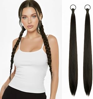 2 PCS Black Brown Ponytail Extension with Hair Tie DIY Braided Ponytail Extension Warp Around Yaki Straight Sleek Hairpieces Light and Soft Fluffy Stayle Ponytail for Women Daily Party Use