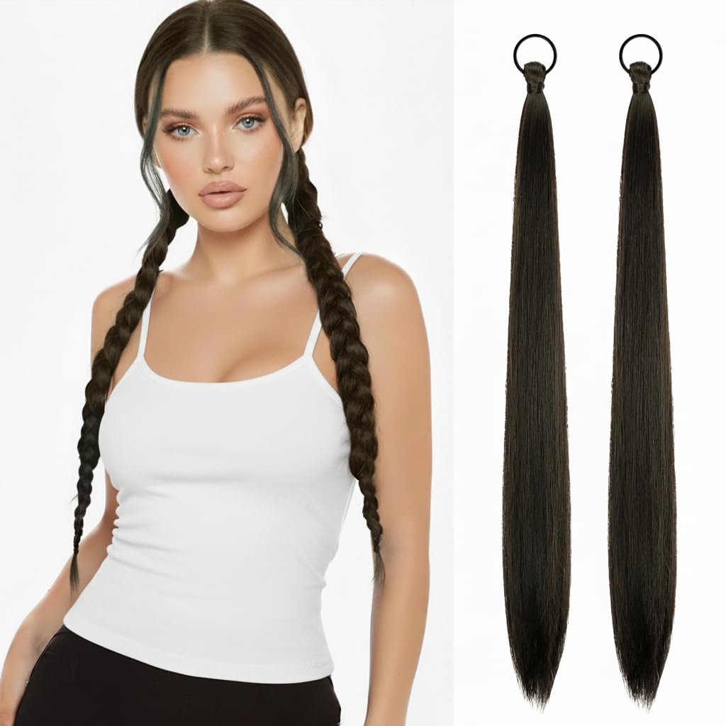 2 PCS Black Brown Ponytail Extension with Hair Tie DIY Braided Ponytail Extension Warp Around Yaki Straight Sleek Hairpieces Light and Soft Fluffy Stayle Ponytail for Women Daily Party Use