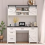 67''H Farmhouse Executive Desk with Hutch & Drawers, Rustic Office Desks Computer Desks with Charging Station, File Drawers and Storage Cabinets, Wood Workspace for Home Office & Study,Black