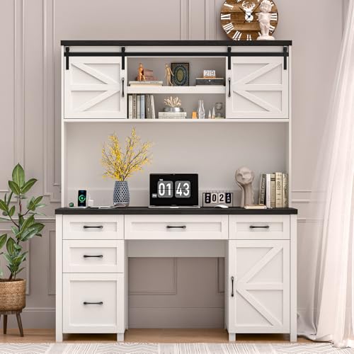 67''H Farmhouse Executive Desk with Hutch & Drawers, Rustic Office Desks Computer Desks with Charging Station, File Drawers and Storage Cabinets, Wood Workspace for Home Office & Study,Black