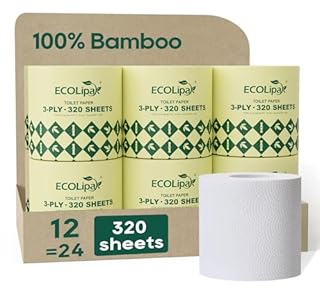 ECOLipak Bamboo Toilet Paper 3 Ply, Septic Safe Toilet Tissue, 12 Double Rolls, 320 Sheets Per Roll, Tree Free, Non Toxic, Soft and Absorbent, Eco Friendly Dye-Free Paper, White