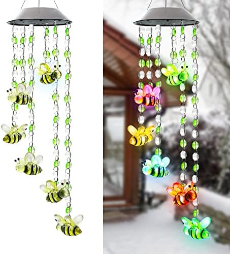 Vency Updated LED Solar Beads Bee Wind Chimes, Handmade Color Changing Wind Spinners Waterproof Automatic Light Sensor for Patio Yard Pool and Outdoor Decor