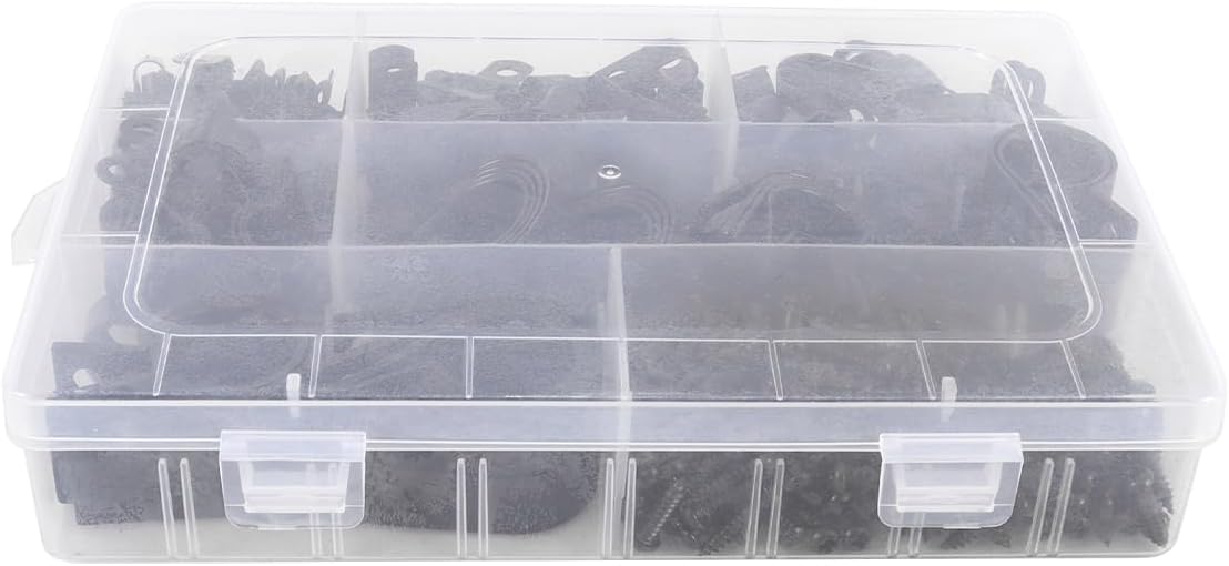 410 Piece Assortment of R-Shaped Nylon Cable Clips with Screws Black Cable Clips Assortment for Wires, Electric Cables and Cables