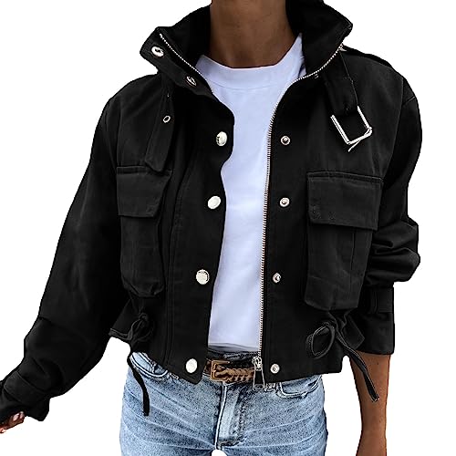 Manteau court casual jacket pour femme avec poches et boutons solides