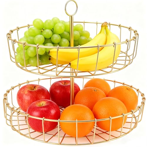 Kuuleyn Tiered Fruit Bowl, 2 Tier Gold Fruit Basket, Golden Fruit Basket Iron Round Golden Nordic Household Snack Storage Tray For Party Desktop Kitchen